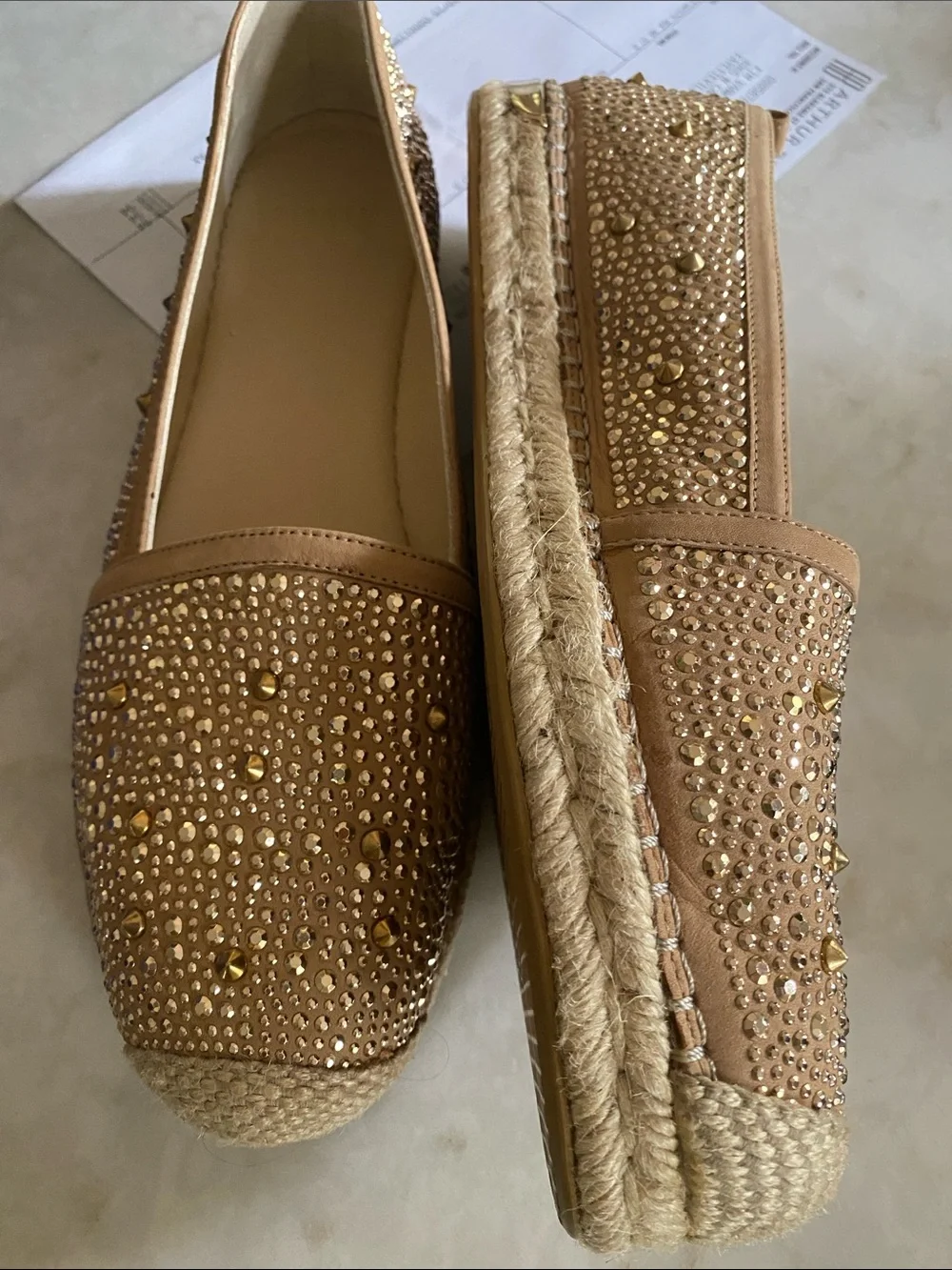 Stuart Weitzman Rockon Crystal-Embellished Loafers in Beige 7M